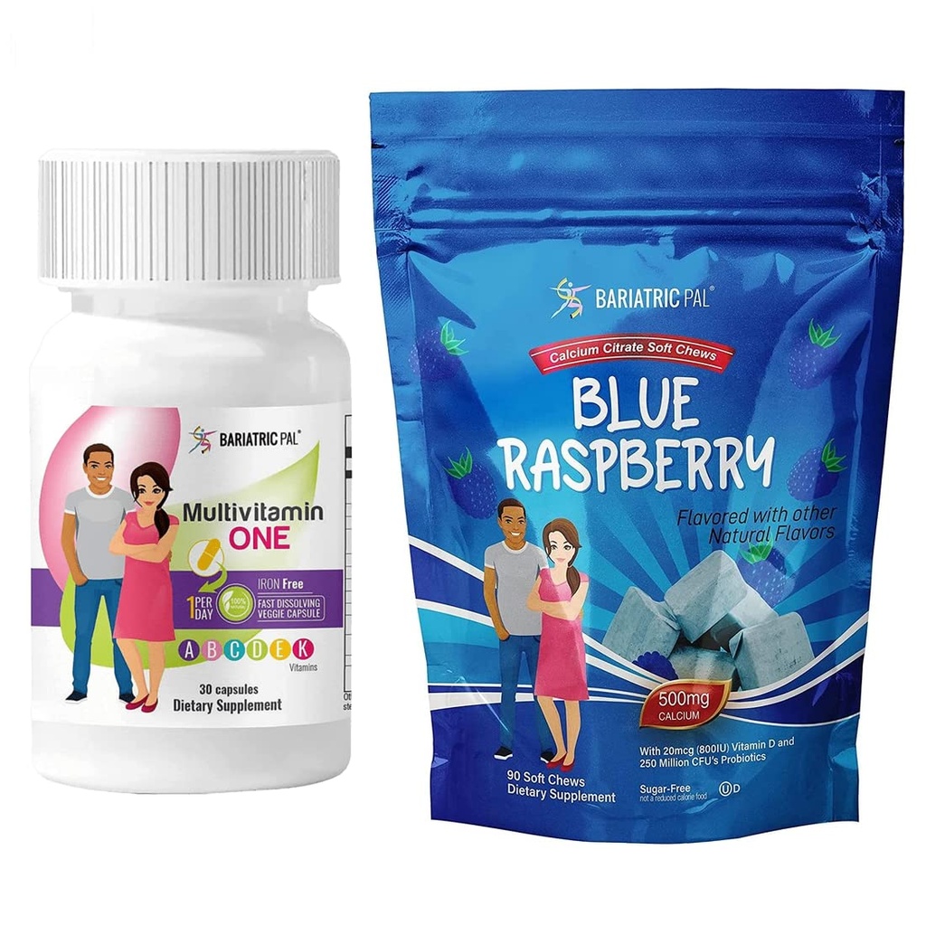 BariatricPal 30-Day Bariatric Vitamin Bundle (Multivitamin ONE 1 per Day! Iron-Free Capsule and Calcium Citrate Soft Chews 500mg with Probiotics - Blue Raspberry)