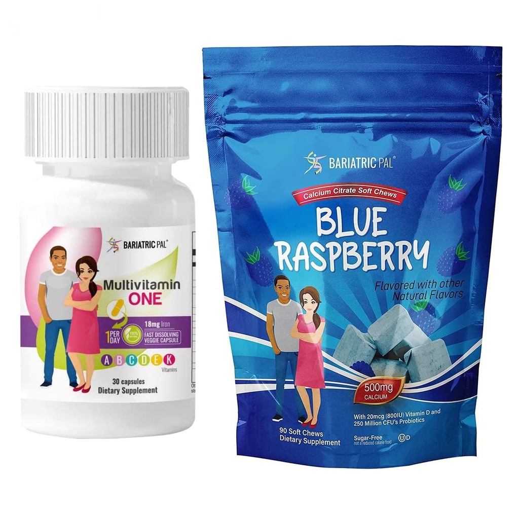 BariatricPal 30-Day Bariatric Vitamin Bundle (Multivitamin ONE 1 per Day! Capsule with 18mg Iron and Calcium Citrate Soft Chews 500mg with Probiotics - Blue Raspberry)