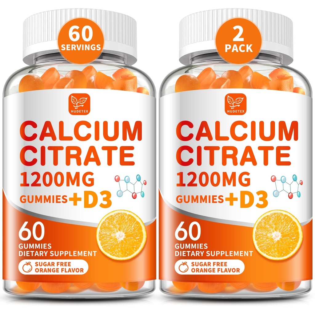 (2 Pack) Calcium Citrate 1200 mg with Vitamin D3 Gummies for Women & Men,Calcium Supplements for Bone & Teeth Support,High Absorption - Easy to Digest, Sugar Free,Vegan,Orange Flavor,60 Day Supply