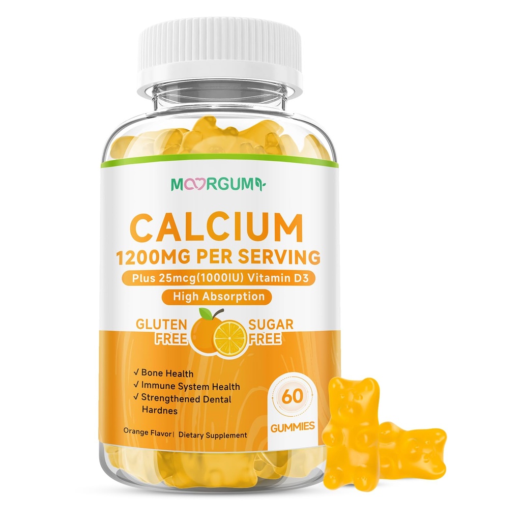 Calcium Citrate Gummies for Kids, Adult - 1200 mg with Vitamin D3 1000IU - Support Bone, Teeth, Immune Health, High Absorption Calcium and Vitamin D Supplement, Orange Flavor, 60 Count