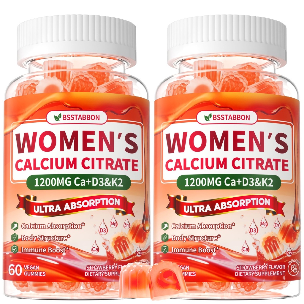 Calcium Supplements for Women Gummies: Organic Chewable Sugar Free Vegan Calcium 1200 mg with Vitamin D3 K2 B6 B12 Mineral Magnesium Zinc Citrate - for Womens Immune Overall Health(120Count)