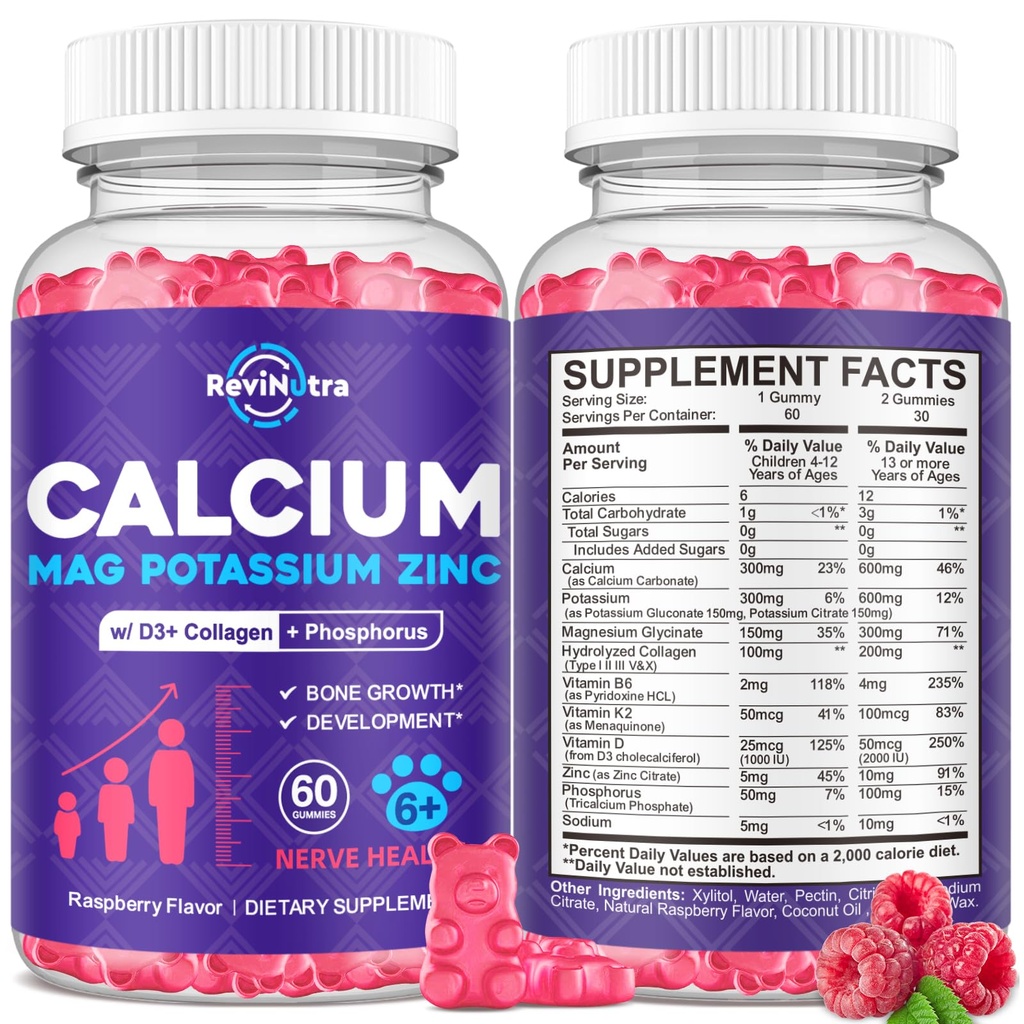 Calcium Potassium Magnesium Gummies for Kids & Adults, with Hydrolyzed Collagen, Zinc, Phosphorus, Multivitamin for Sleep, Bone Strength, Density Support, Sugar Free,Raspberry 2 Pack