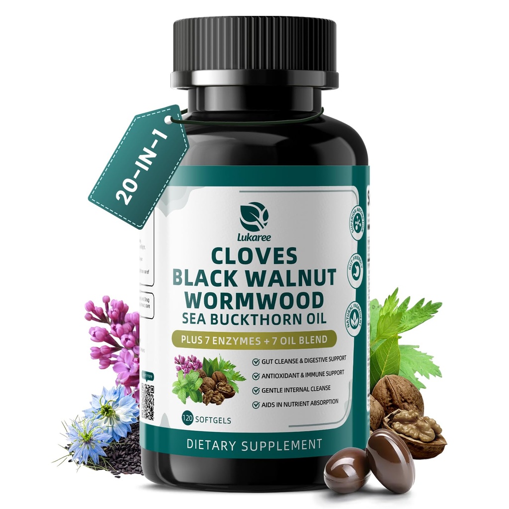 Lukaree Wormwood Black Walnut Clove Cleanse for Humans Softgels, 20-in-1 Extra Strength | Gut Cleanse & Digestive Health w/ 7 Oils & 7 Enzymes | Concentrated, Men & Women Natural Herb - 120 CT