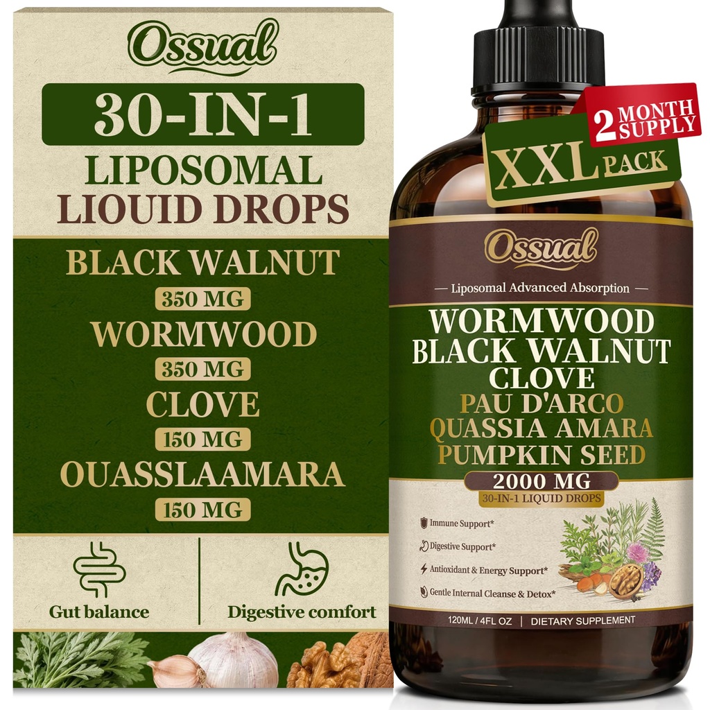 30-in-1 Liposomal Wormwood Black Walnut Clove Cleanse for Humans Tincture - Rapid Gut Cleanse & Digestive Support with PAU D'Arco Garlic Soursop Pumpkin Seed Oregano | High Absorption |4 Fl Oz (120mL)