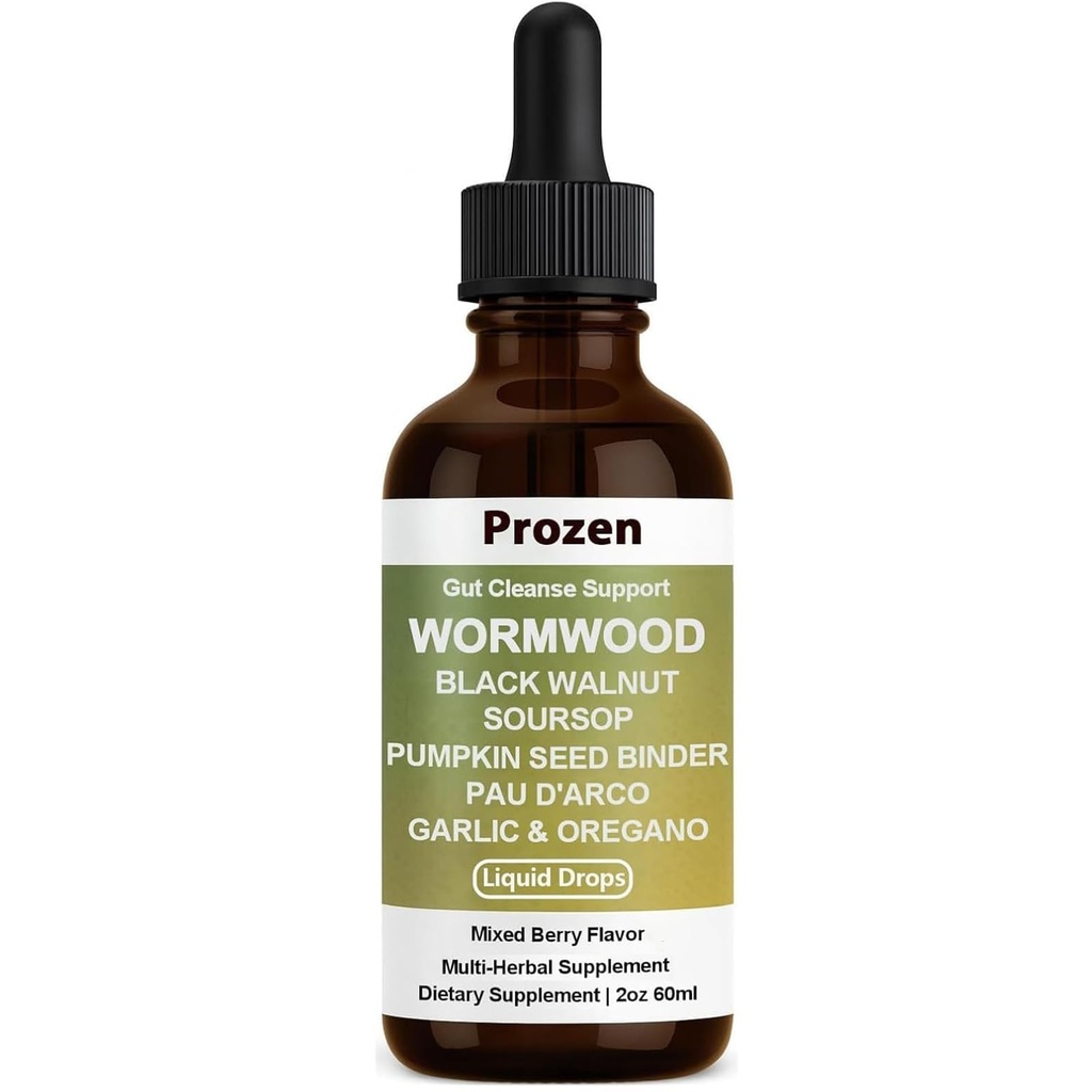 Prozen Wormwood Gut Cleanse Liquid Drops, Wormwood Black Walnut Clove Gut Cleanse & Digestive Health with Soursop, Pumpkin Seed, PAU D'Arco, Garlic Oregano, Energy Boost (1)