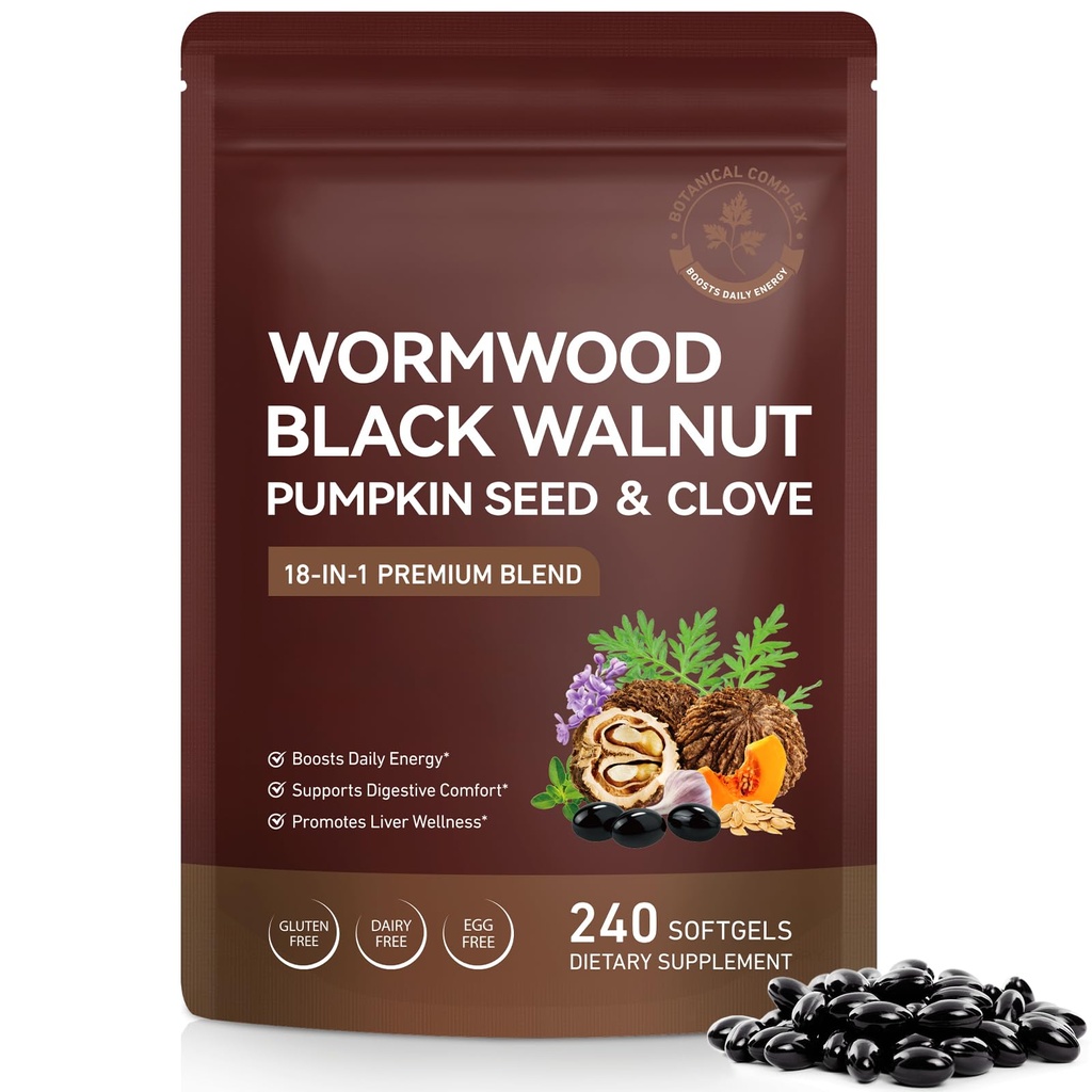 Wormwood Black Walnut Clove Pumpkin Seed Supplement, 18-in-1 Herbal Blend with Turmeric, Garlic, Oregano & Berberine, 240 Softgels