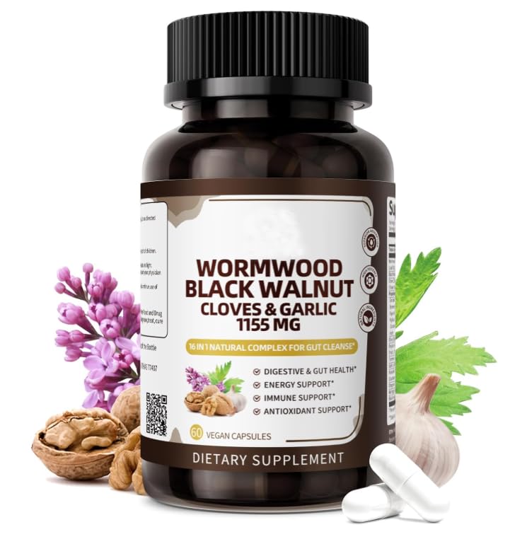 16-in-1 Black Walnut Wormwood Capsules, 30 Day Supply, 1155mg Serving, Rapid Gut Cleanse & Digestive Health with Clove Garlic Turmeric, Liposomal Delivery 98% Absorption, Vegan Gluten-Free