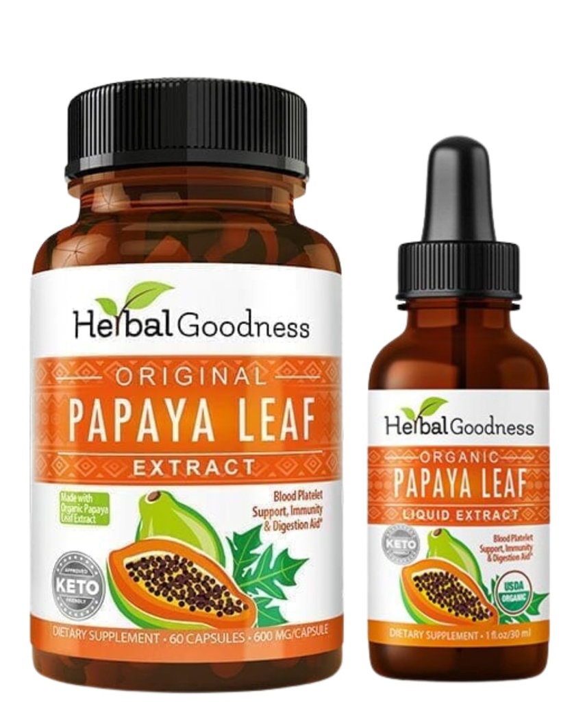 Herbal Goodness Papaya Leaf Bundle: 60ct/600mg Capsules & 1oz Liquid, Digestive Enzymes