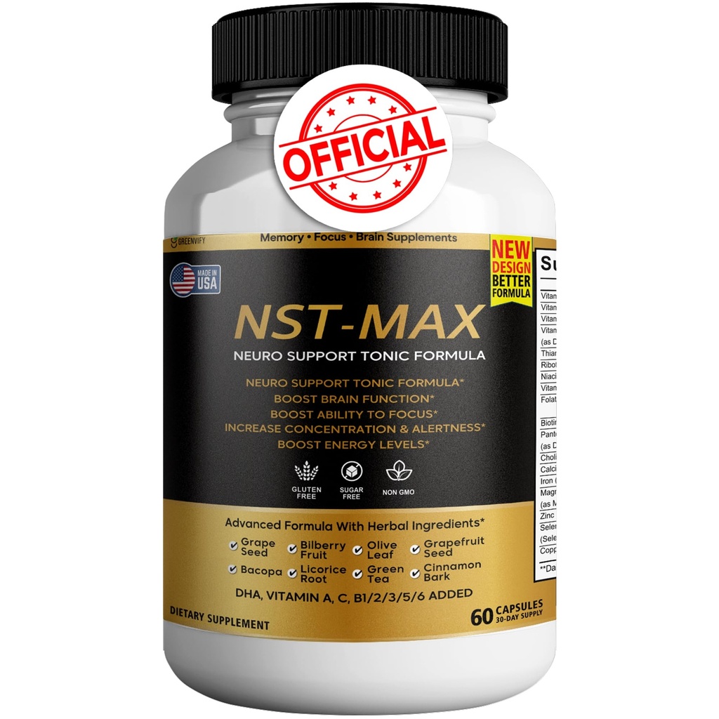 NST-Max Brain Booster | Nootropic Brain Supplements for Memory and Focus | Premium Natural Energy Supplement, Vitamins B6 & B12 | 60 Capsules