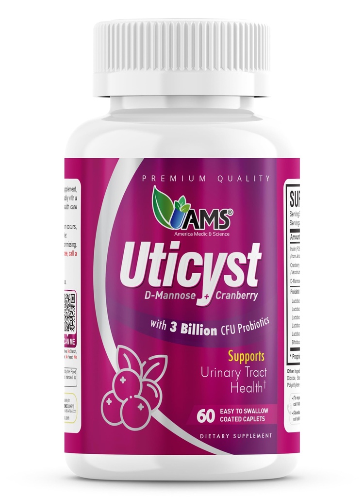 America Medic & Science UtiCyst 60ct – Probiotic & Cranberry Formula for Urinary Tract & Bladder Health – Supports Immune Balance – Daily Wellness Supplement for Women- 60 caplets