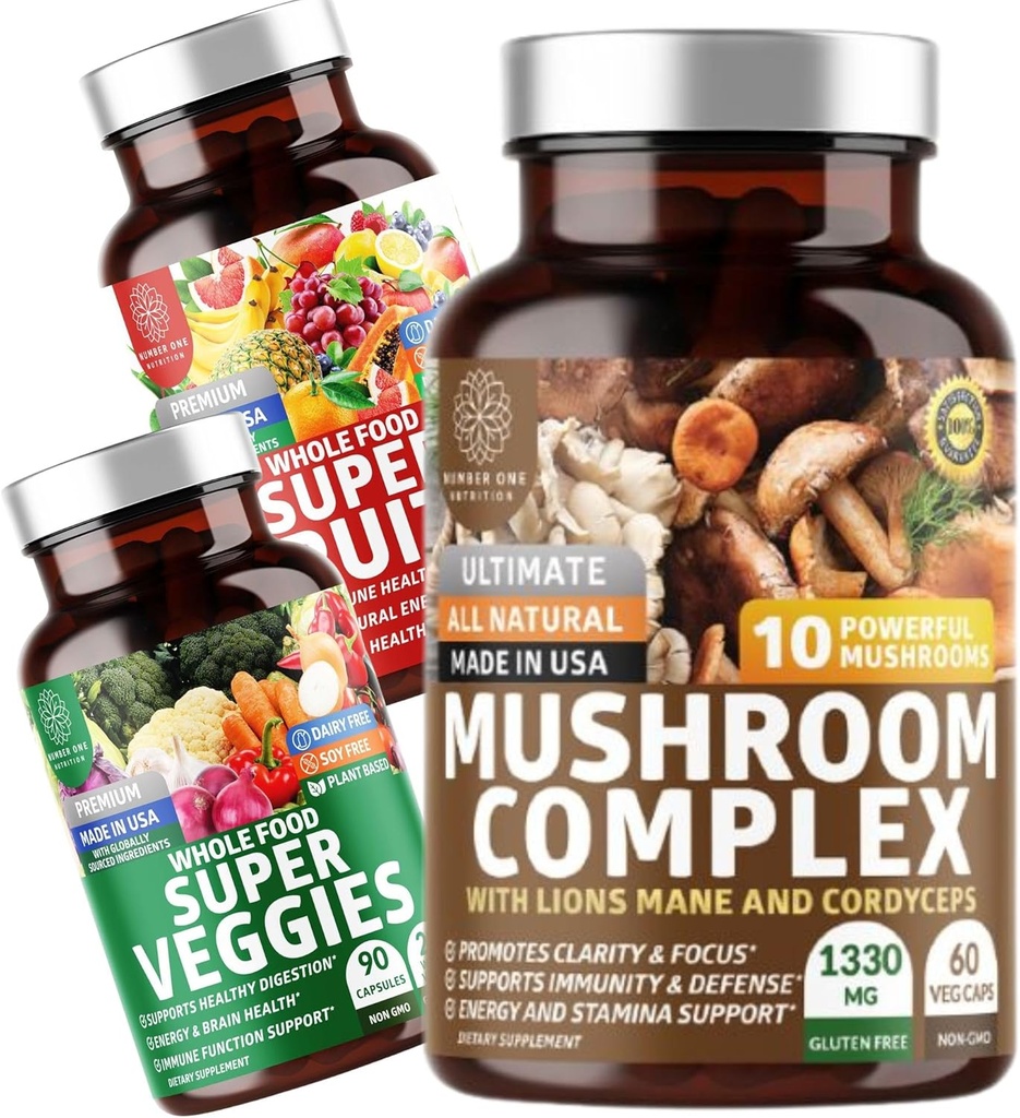 Number One Nutrition N1N Premium Mushroom Complex [10 Powerful Mushrooms] and Super Fruits & Veggies [40 Whole Fruits & Vegetables], 2 Pack Bundle