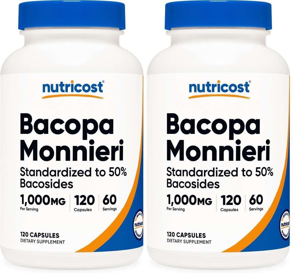 Nutricost Bacopa Monnieri 1,000mg, 120 Capsules (60 Servings) - Non-GMO, Gluten Free, and Vegetarian Friendly (Pack of 2)
