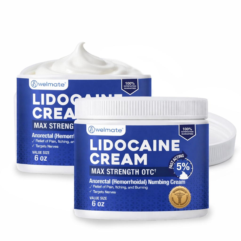 WELMATE 5% Lidocaine Numbing Cream Maximum Strength - Hemorrhoid Relief - 12 oz (Pack of 2-6 oz Each) - Numbing Cream for Anorectal Relief - Fast-Acting - Non-Greasy - Odorless - Child-Resistant