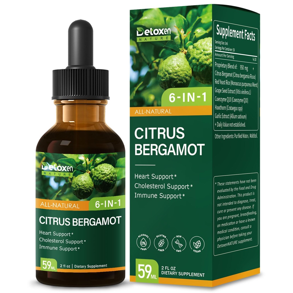 Citrus Bergamot Extract Supplement for High Cholesterol, High and Fast Absorption, 6-in-1 Blend Herbal Drops for Heart & Immune Support w/Grape Seed, Garlic Extract. 2oz