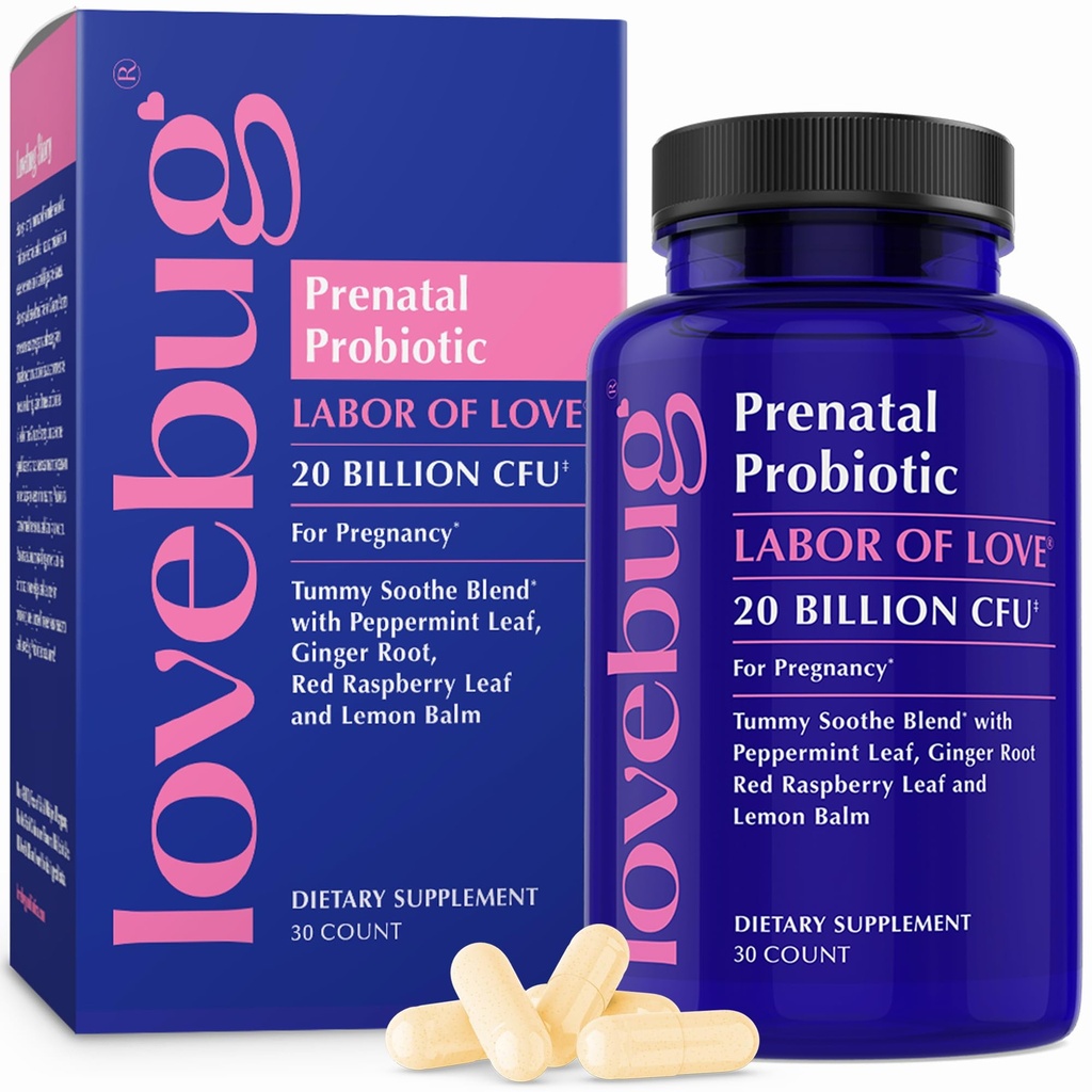 LOVEBUG Prenatal Probiotic | Helps with Morning Sickness, Nausea, Heartburn & Digestion | Helps Baby Microbiome | Multi Strain 20 Billion CFU | 30 Capsules