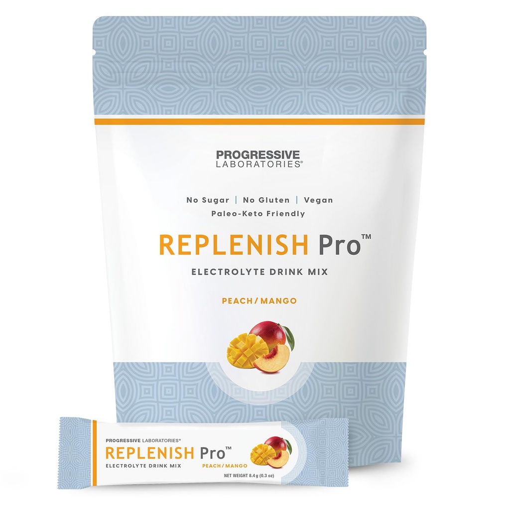 Replenish Pro Electrolytes Powder – 1:1 Sodium to Potassium Electrolyte Formula for Hydration – w/Magnesium, Calcium, Zinc, B Vitamins & Celtic Sea Salt Trace Minerals – 16 Stick Packs - Peach Mango