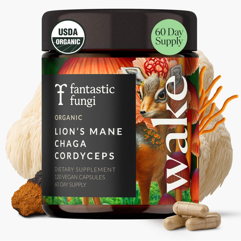 Fantastic Fungi Lions Mane Mushroom, Cordyceps Mushroom & Chaga Supplement - Focus, Energy & Brain Support Adaptogenic Capsules - 100% USDA Organic Complex, Vegan, 120 Capsules (2-Month Supply)