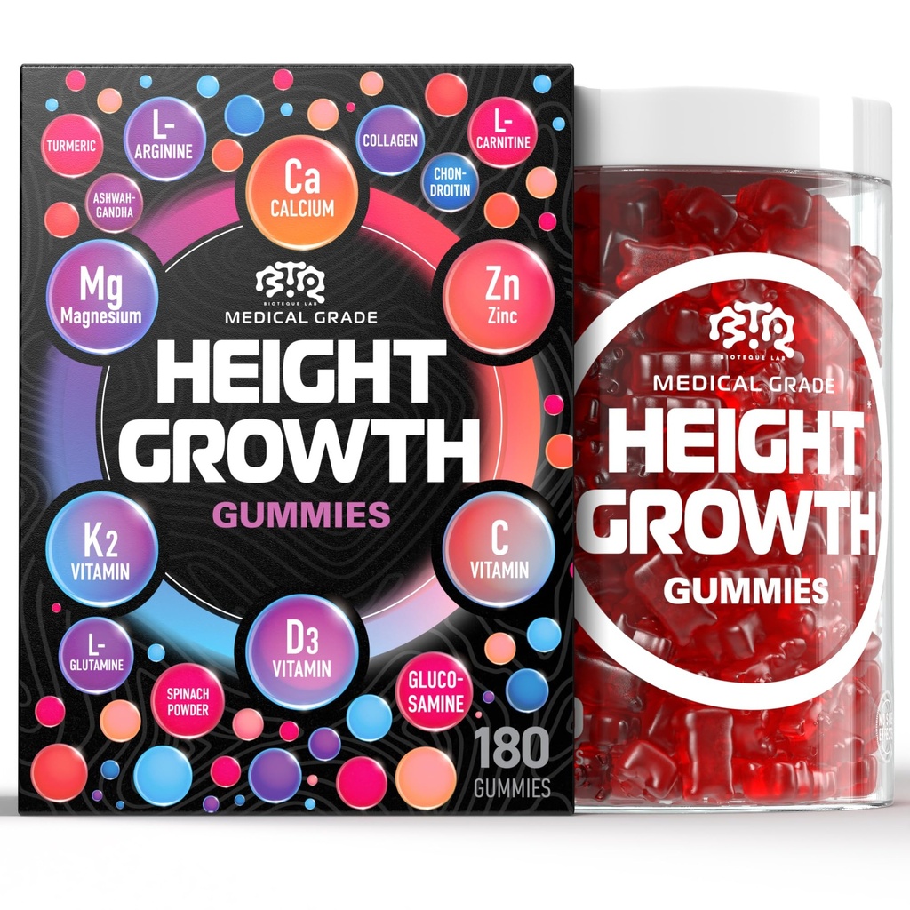 BIOTEQUELAB Height Growth Increase Gummies Vitamins, Grow Tall Supplement, Calcium, Magnesium, Zinc, Ashwagandha, Glucosamine Multivitamin for Teens, Kids, 180 Gummies