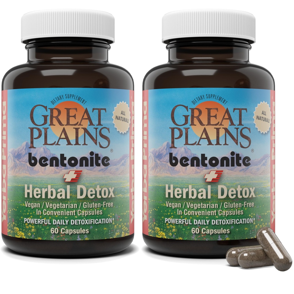 Yerba Prima Bentonite Clay Plus Herbal Detox, 60 Veggie Capsules (Pack of 2) - Use Long Term or as Rapid Detox, Premium Quality Ingredients, Powerful Daily Detoxification, Great Plains Bentonite