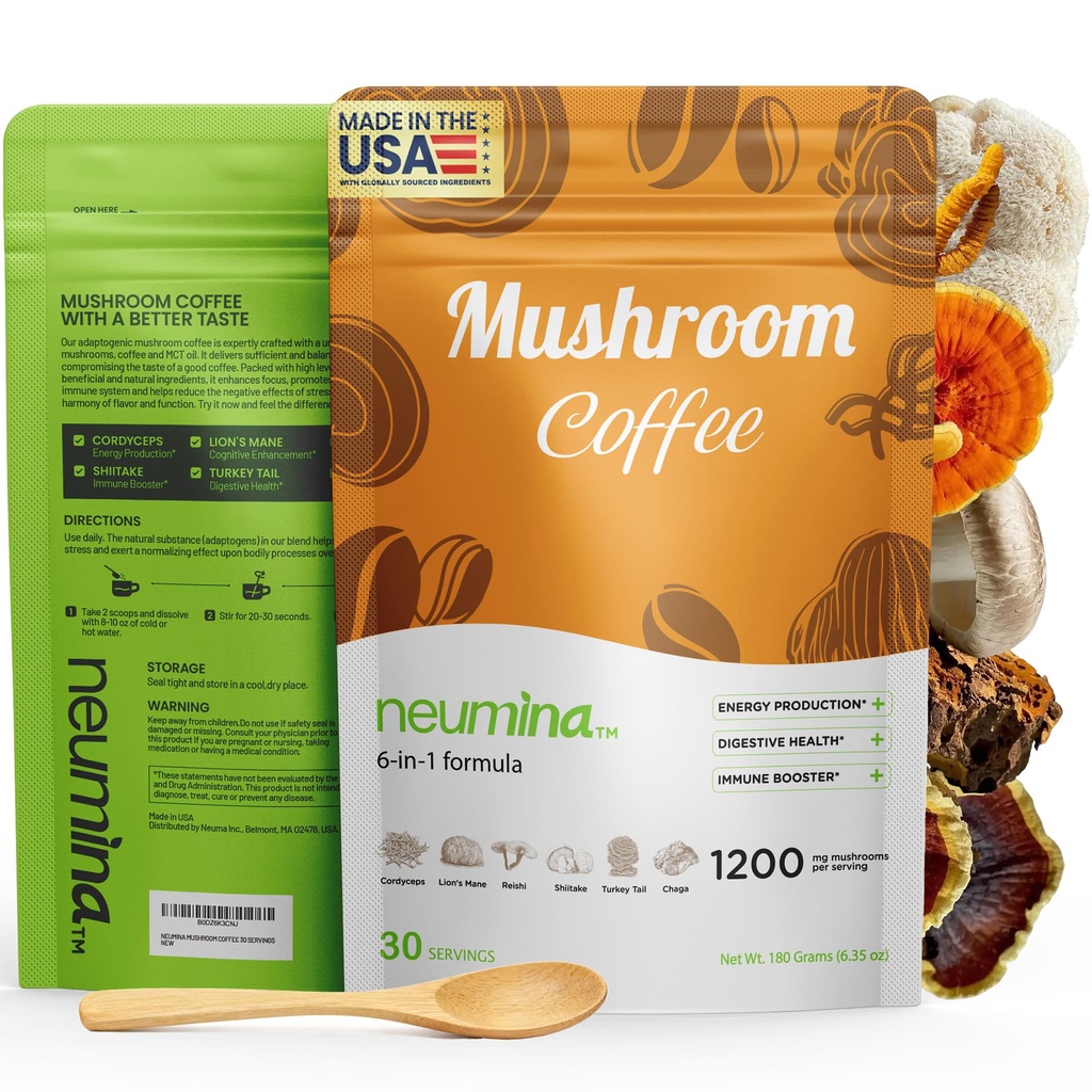 Neumina 6-in-1 Mushroom Coffee, Energy Coffee with 6 Adaptogenic Mushrooms (Cordyceps, Lion's Mane, Reishi, Chaga, Shiitake, Turkey Tail Total 1200mg), Almost30 Servings, 180g