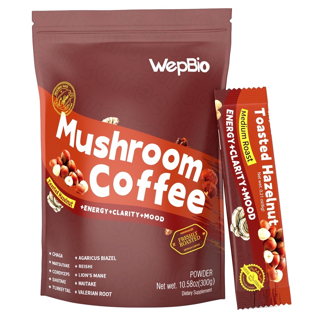 Mushroom Coffee 11 in 1 Adaptogenic Mushroom Blend with Ashwagandha KSM-66,Lions Mane,Reishi,Turkey Tail Hazelnut Instant Mushrooms Coffee for Boost Energy,Focus,Sugar-Free,30 Servings