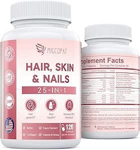 Hair Skin and Nails Vitamins with Biotin, Collagen & Hyaluronic Acid, Supports Healthy Hair Growth, Strong Nails & Glowing Skin, Biotin Supplement with Vitamins A, C, D3, E, B Complex & Minerals
