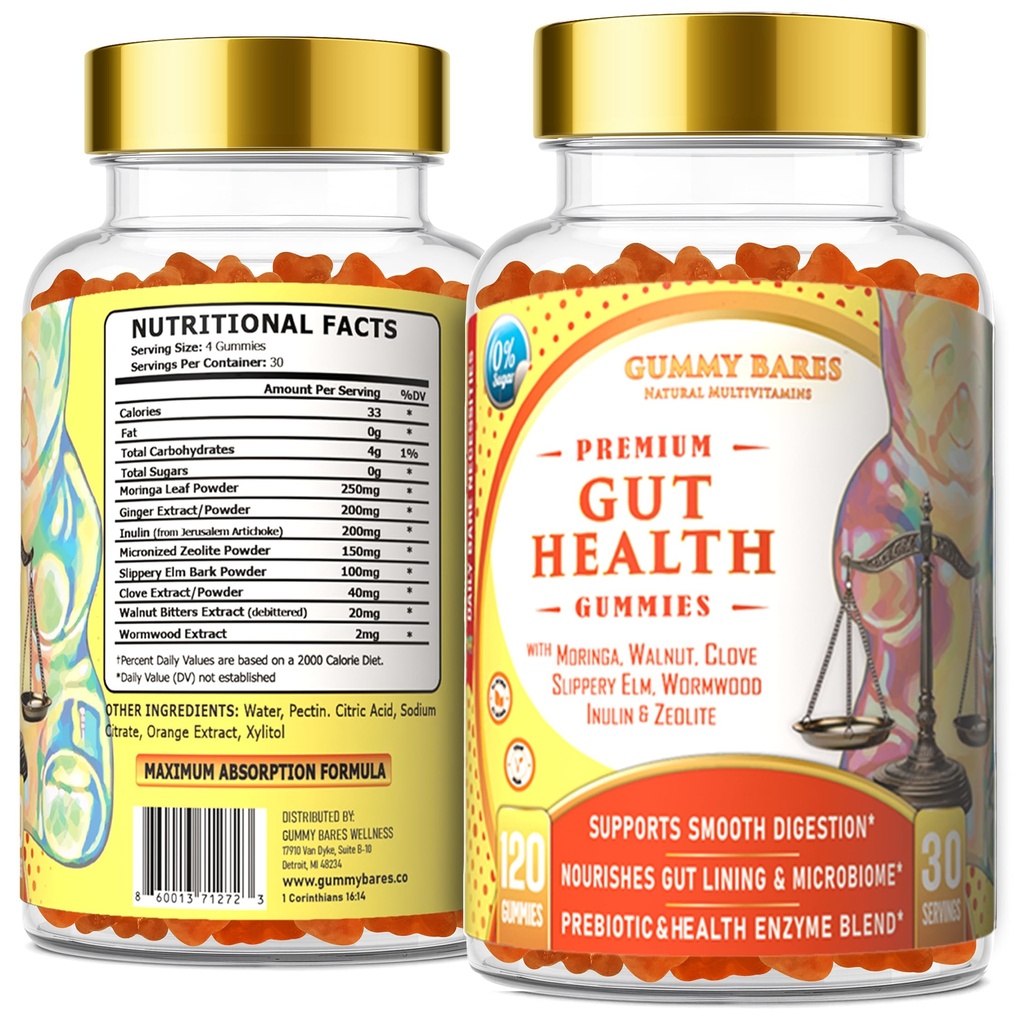 Gut Support Gummies with Prebiotic Fiber (Inulin) for Digestive Comfort, Gut Microbiome, Gas & Bloating, and Regularity Support | Feel Less Bloated | 120 Ct.