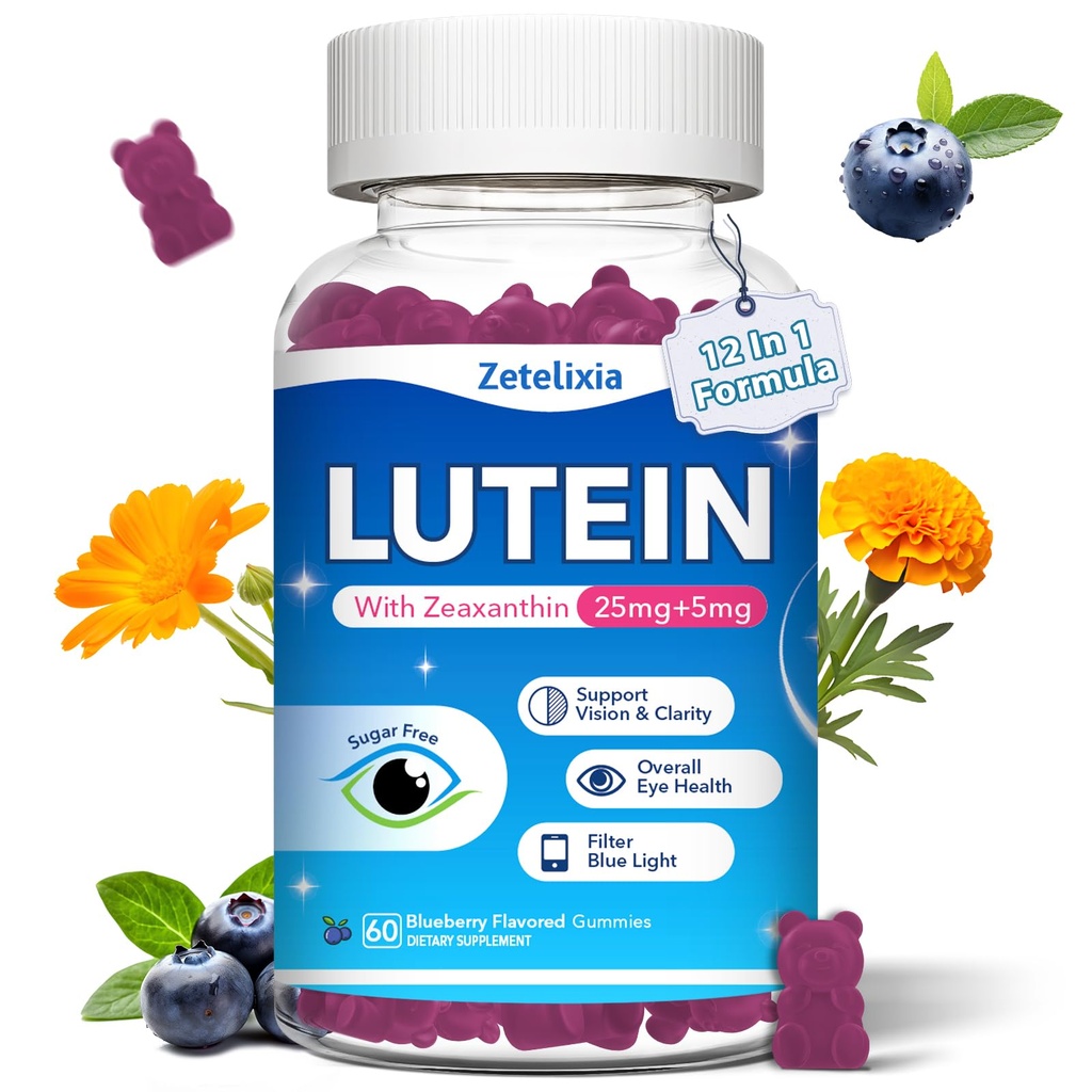 Lutein Gummies, 12 in 1 Lutein and Zeaxanthin Supplements Eye Vitamins Gummies for Adults, Eye Health Supplement with Multiple Vitamin for Promoting Eye & Vision - 60 Gummies
