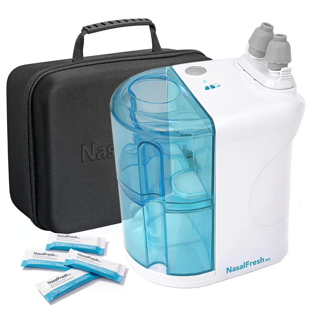 NASALFRESH MD Premium Bundle–Dual Powered Nasal Irrigation System Nasal Rinse and Wash, Sinus Decongestant Relief System, 60 Saline Packets, Case, Rechargeable, 2 Sets of Nose Pillows–Snoring Remedy