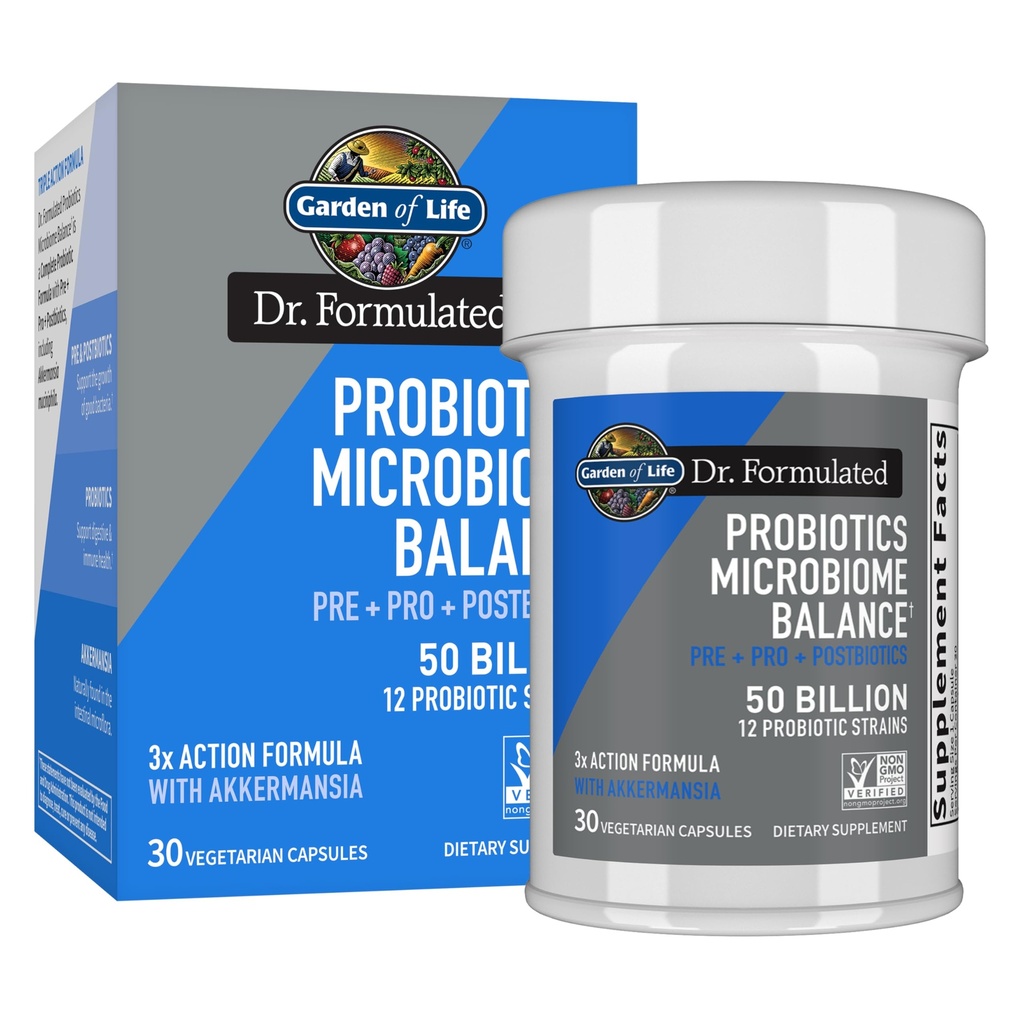 Garden of Life Dr. Formulated Microbiome Balance Probiotics with Pre, Pro & Postbiotics – 12 Probiotic Strains, Digestive Health, Immune Support, Non-GMO, Gluten-Free, 30 Vegetarian Capsules