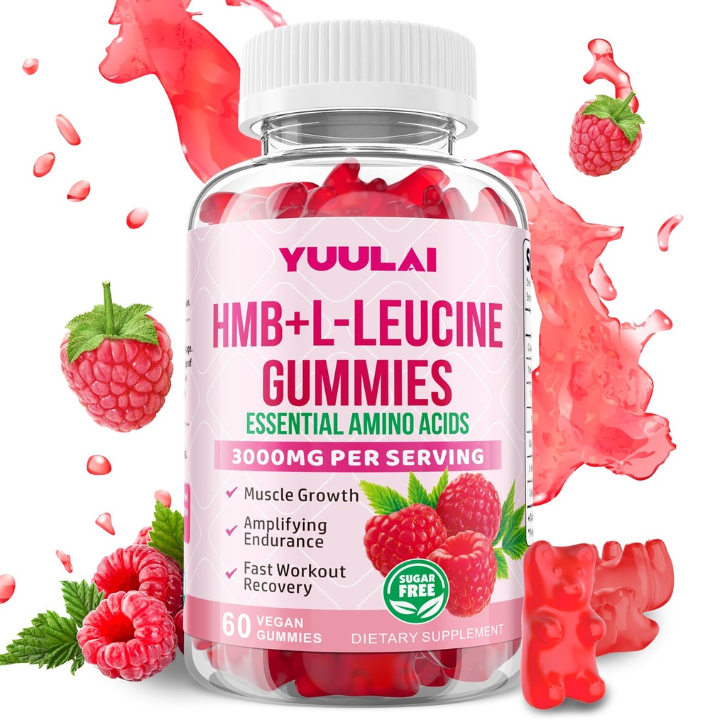 HMB and L-Leucine Gummies, 3000mg HMB and Leucine Amino Acid for Men Women, for Muscle Growth, Muscle Relief, and Fast Workout Recovery, Vegan, Raspberry Flavor, 60 Count