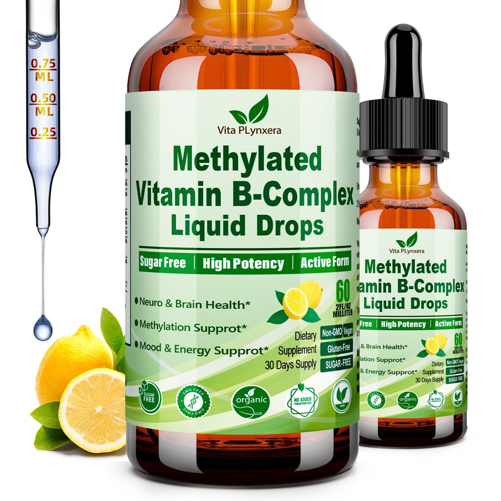 Methylated B Complex Liquid Drop Complete 9-in-1 Methyl B Vitamins w. B12 Methylfolate Inositol Choline TMG Vitamin C E, Super B-Complex Methylated for MTHFR Support, Energy Mood Nerve & Brain Health1