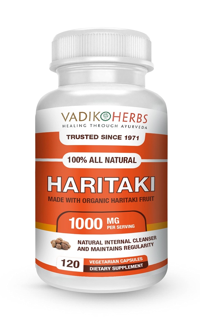 Vadik Herbs Certified Organic Haritaki (Terminalia Chebula) Capsules for Rejuvenation and Detoxification | Made in USA | Wildcrafted and Safety Tested | 100 Vegicaps