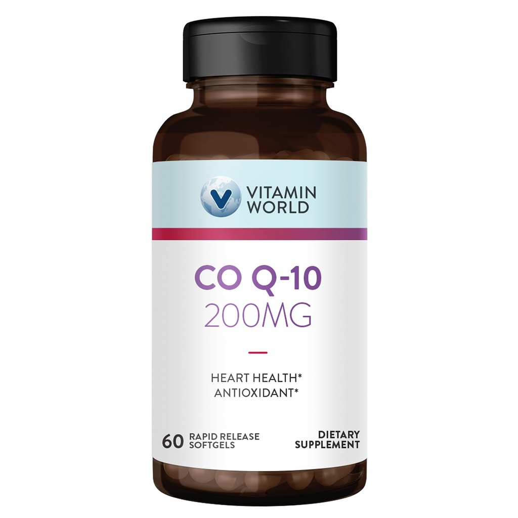 Vitamin World CoQ10 200 mg Softgels, Coenzyme Q10 Supplements for Antioxidant Support, Heart Health & Energy Production, Gluten Free, 60 Rapid Release Softgels