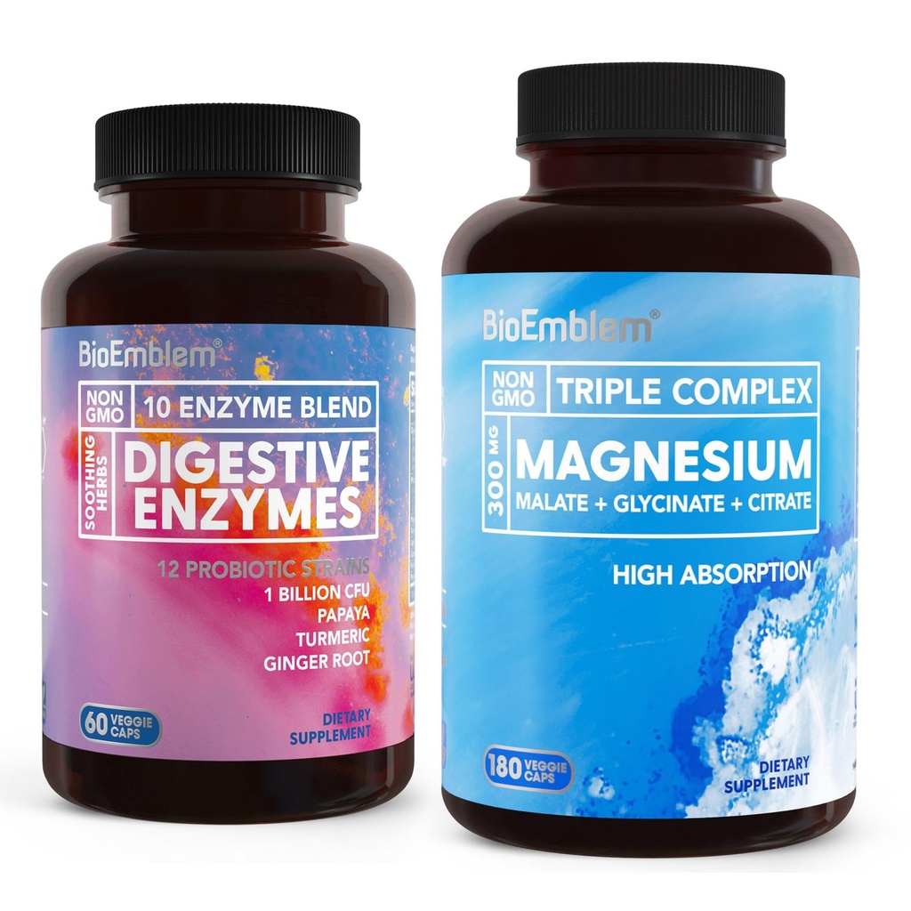 BioEmblem Triple Magnesium Complex, 180 Capsules & Digestive Enzymes - 10 Enzymes w/ 12 Strain 1 Billion CFU Probiotics for Nutrient Absorption, 60 Capsules