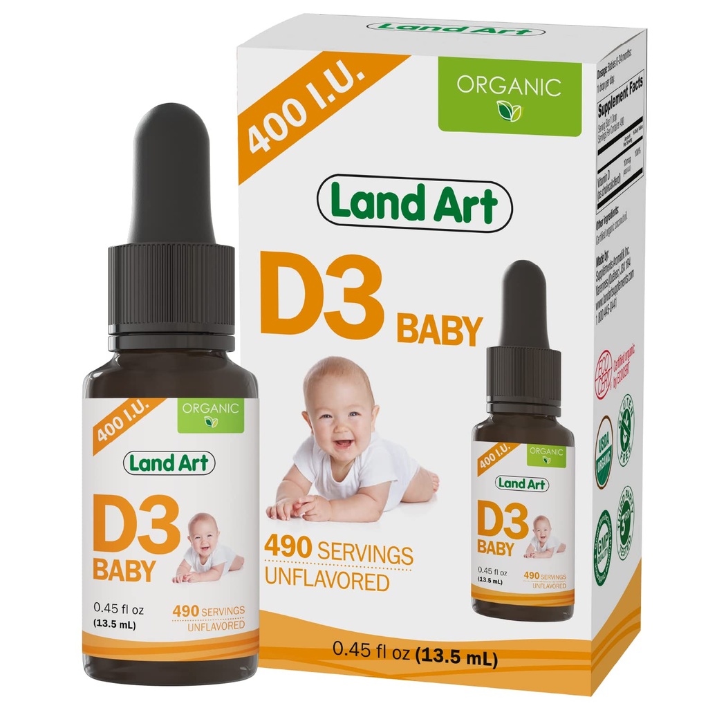 Land Art - Certified Organic Vitamin D3 Drops Baby – 400 IU per Drop – 490 Servings – Supports Bone & Teeth Development – Vitamin D Drops for Infants & Toddlers – GMO-Free - Gluten-Free – 0.45 fl oz