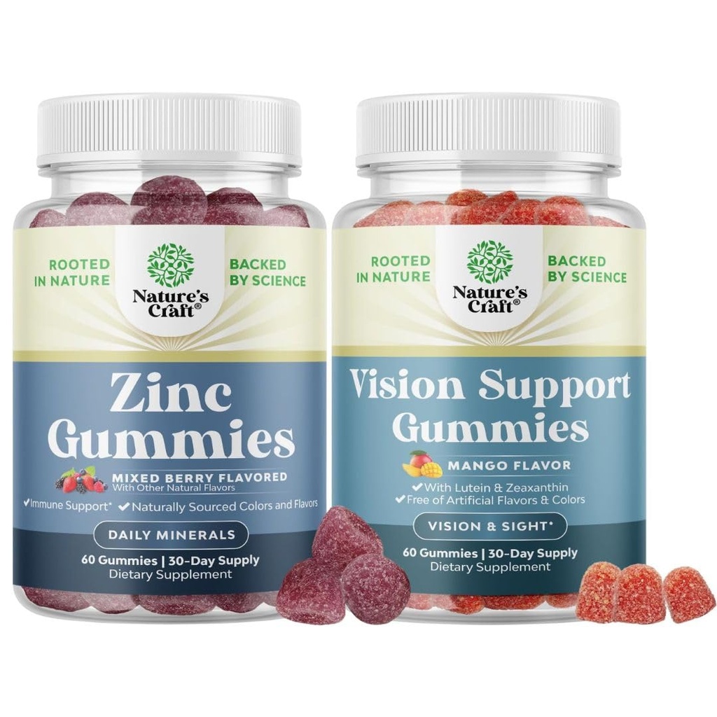 Bundle of Extra Strength Zinc Gummies for Adults - Chewable Zinc Supplements for Energy & Immune Support and Vision Support Gummies - Lutein Zeaxanthin for Blue Light Protection Dryness Strain Support