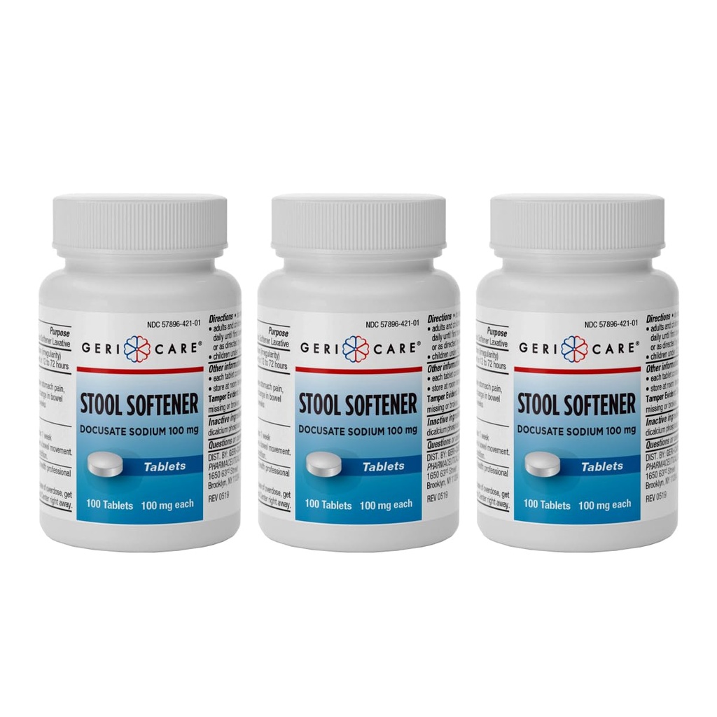 GeriCare Docusate Sodium Stool Softeners, Best Stool Softener for Daily use for Women, Men, and Elderly - Ideal for Constipation Relief 100mg Crushable Tablets. (100 Count) Made in the USA (Pack of 3)