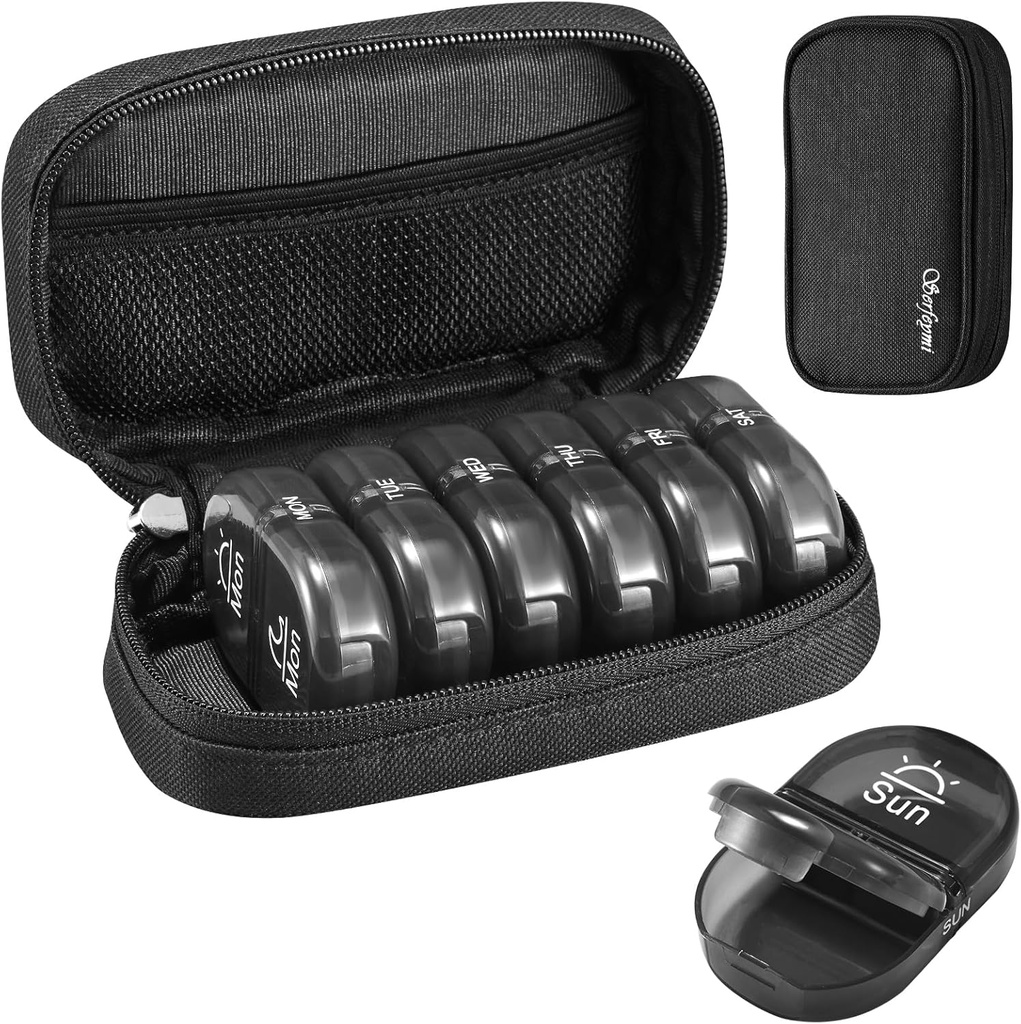 Serfeymi Weekly Travel Pill Organizer 2 Times A Day AM PM Upgraded Black Pill Box 7 Day with Portable Zipper Canvas Pill Case, Medicine Organizer for Pills, Vitamins, Supplements, Fish Oils - Black 01
