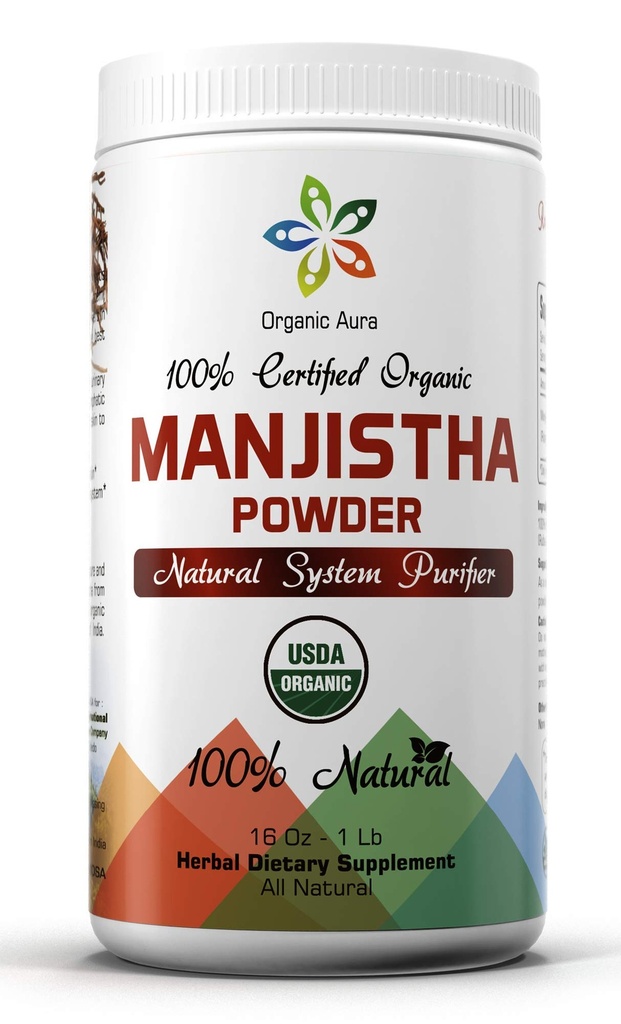 Organic Aura Premium Pure Manjistha Powder 16Oz -1Lb. USDA Certified. 100% All Natural, Fresh and Pure. No GMO. Gluten Free.