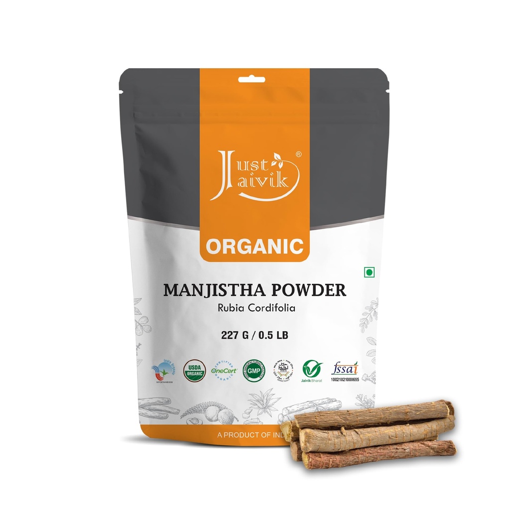 Just Jaivik 100% Organic Manjistha Powder - Certified Organic by OneCert Asia, 227 GMS / 1/2 LB Pound / 08 Oz - Rubia cordifolia - Supports Healthy and Clear Skin (an USDA Organic Certified Herb)