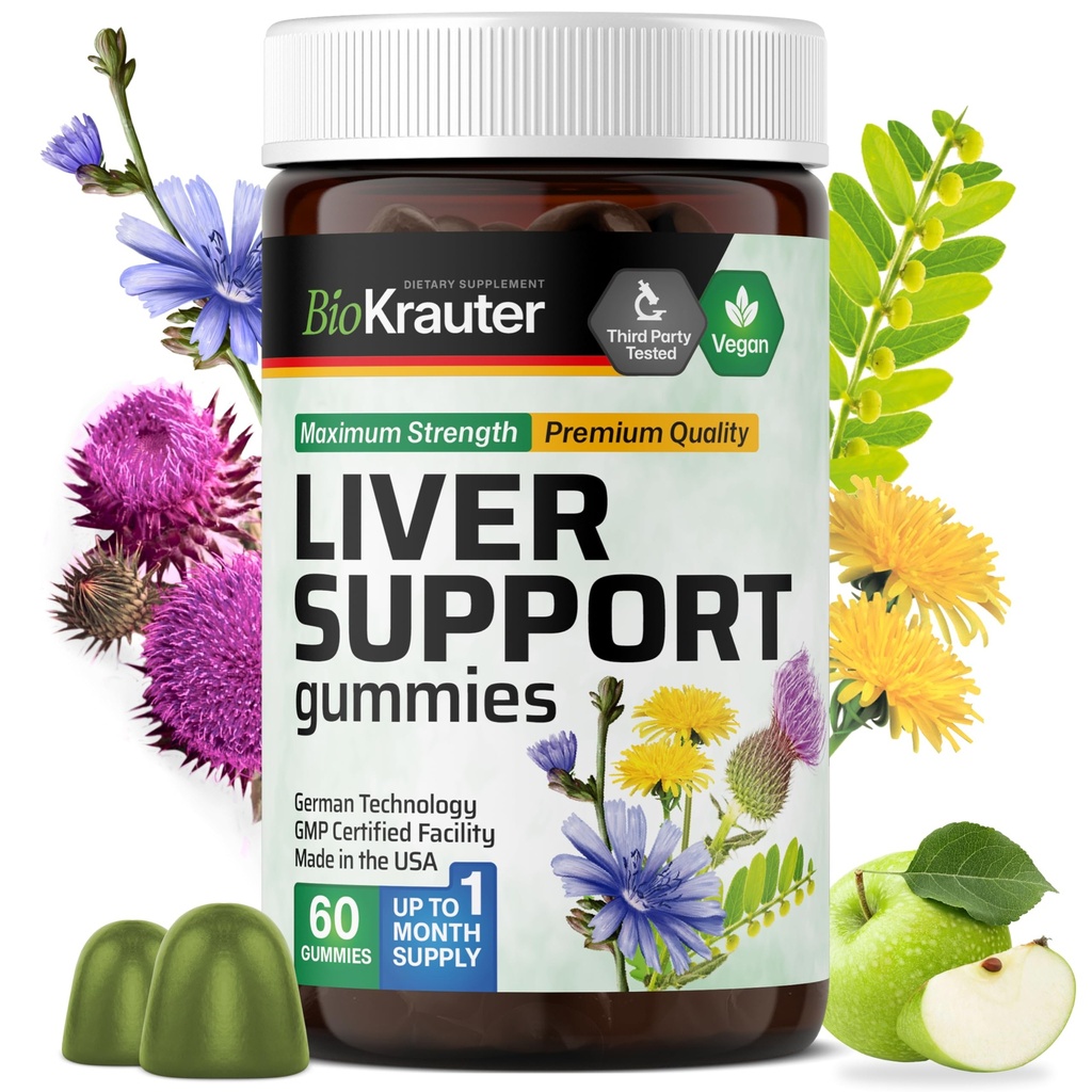 BIO KRAUTER® 9-in-1 Liver Detox with Vitamin C, Milk Thistle, Turmeric, Dandelion Root, Beet Root, Chanca Piedra for Liver Support - Vegan Liver Supplement, 60 Gummies, 30 Days of Supply - Non-GMO