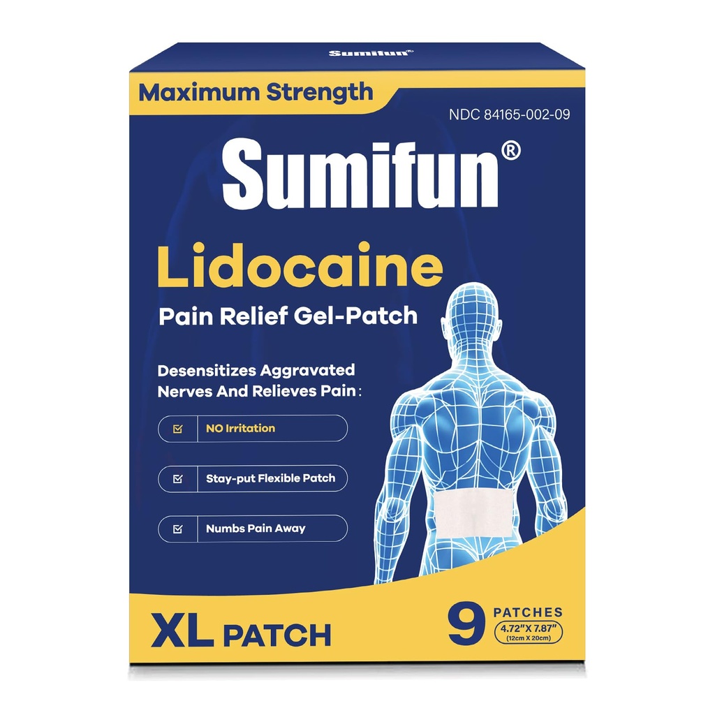 Sumifun 4% Lidocaine XL Pain Patches | Extra Large 4.72"x7.87" for Full Back & Thigh Coverage | Maximum Strength OTC Numbing | 8-Hour Medical Adhesion (X-Large, Count, 9)