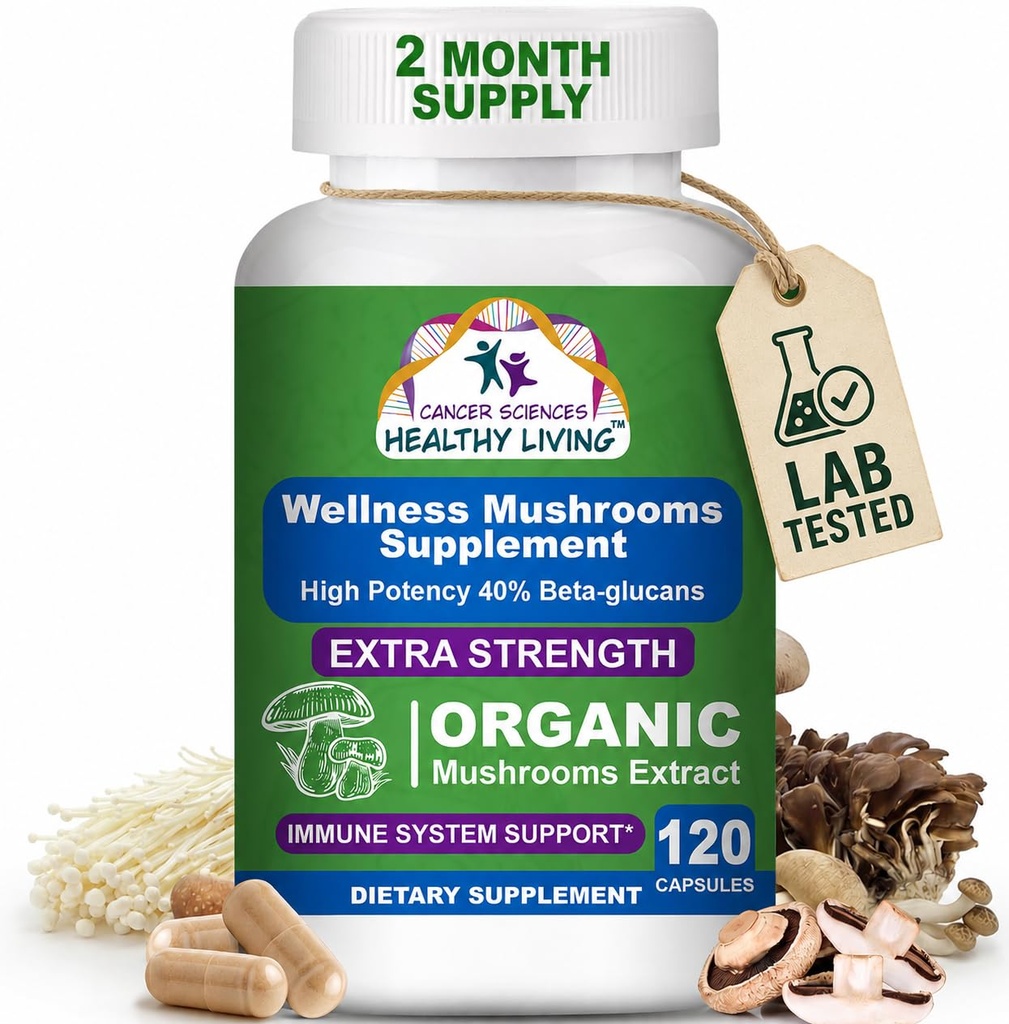 Daily Vitality Organic Mushroom Supplement Capsules - 1,500mg Non-GMO Wellness Mushroom Complex 40% Beta-Glucans -Turkey Tail, Reishi, Cordyceps, Chaga Extract for Brain & Immune Support 120 Capsules