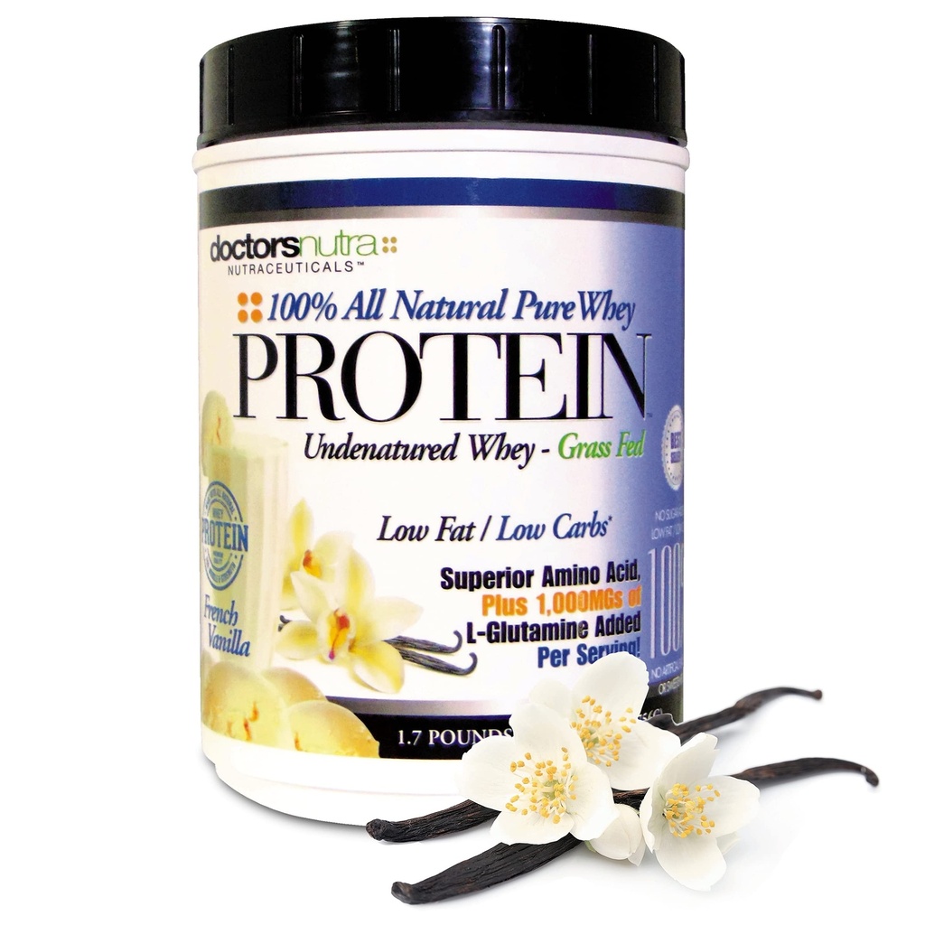 Pure 100 Percent - Undenatured Grass Fed Whey Protein by Doctors Nutra, Low Carb, Rich Vanilla Flavor, Nothing Artificial - Ultrafiltered Plus 1000 Milligrams L-Glutamine