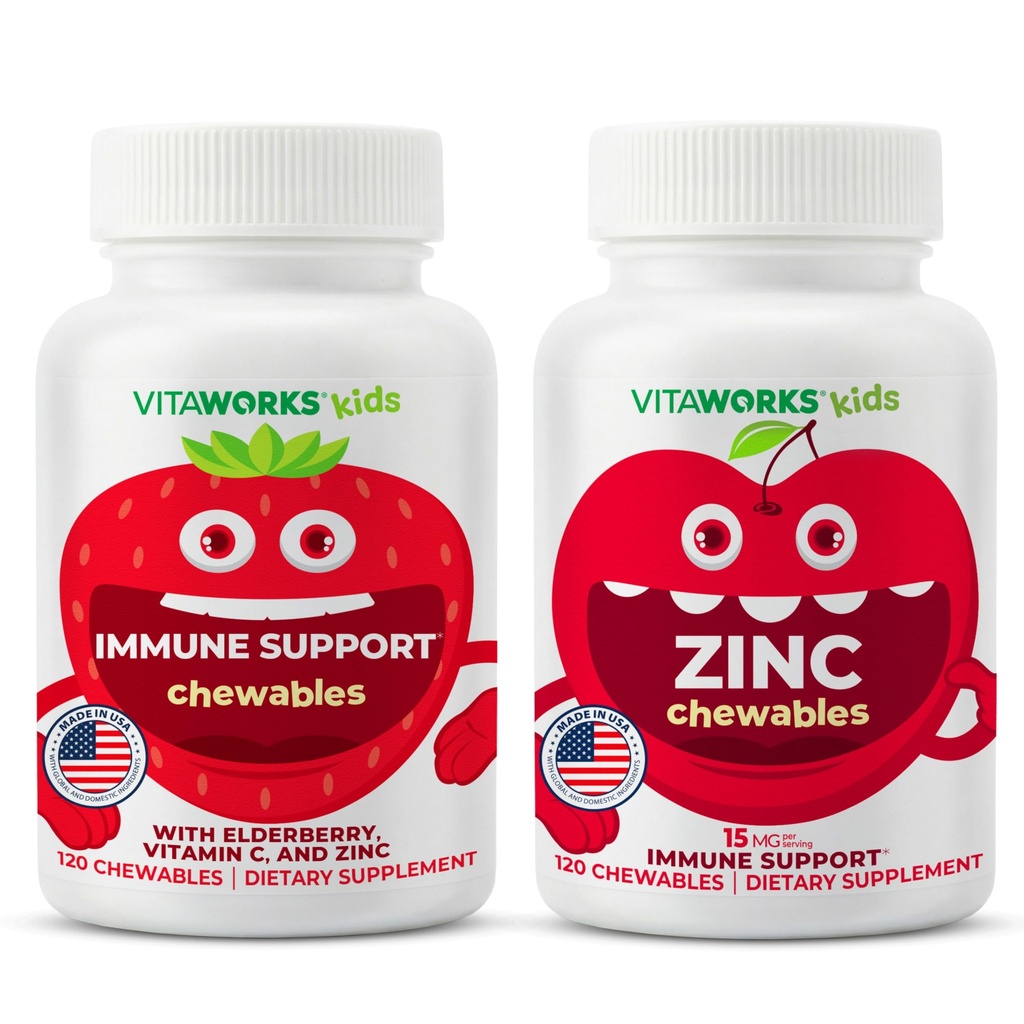 VitaWorks Kids Elderberry + Zinc + C Chewables + Zinc 15mg Chewables Bundle