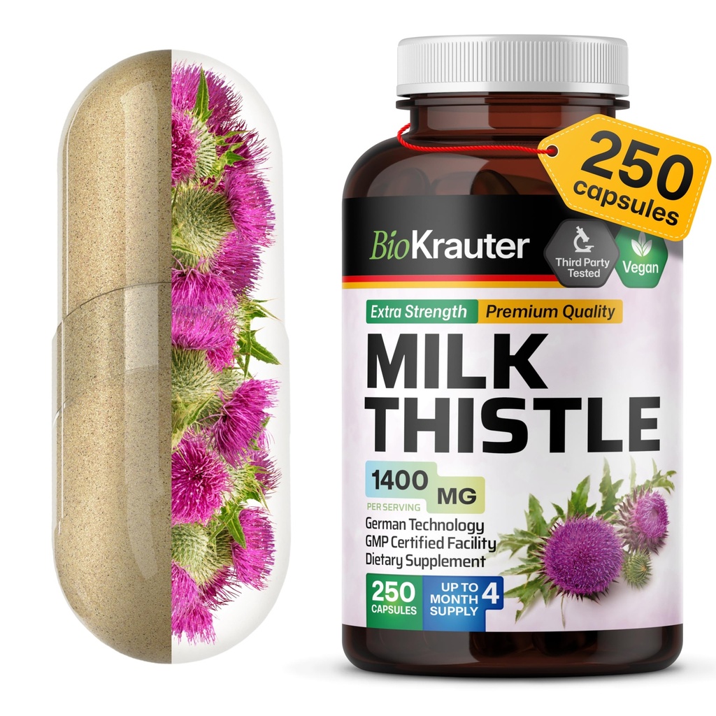 BIO KRAUTER® Milk Thistle Supplement for Liver Cleanse & Detox - Pure Vegan Milk Thistle Extract 1400 mg per Serving Сontains Silymarin - 250 Capsules, 125 Days of Supply, Non-GMO