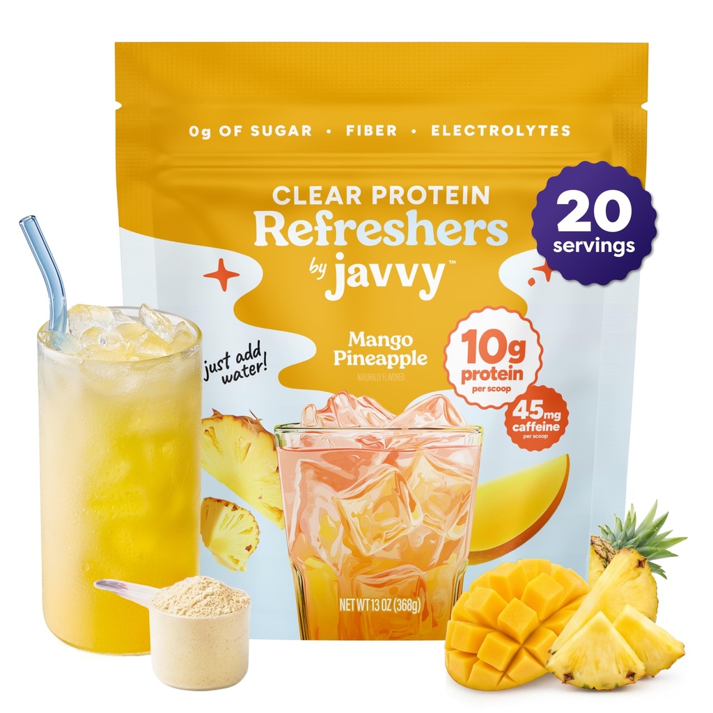Javvy Clear Protein Refresher Drink Mix – 10g of Whey Protein and Collagen Peptides, Electrolytes Powder, Natural Flavors, 0g of Sugar, 45mg Caffeine, 20 Servings, Pineapple Mango Burst