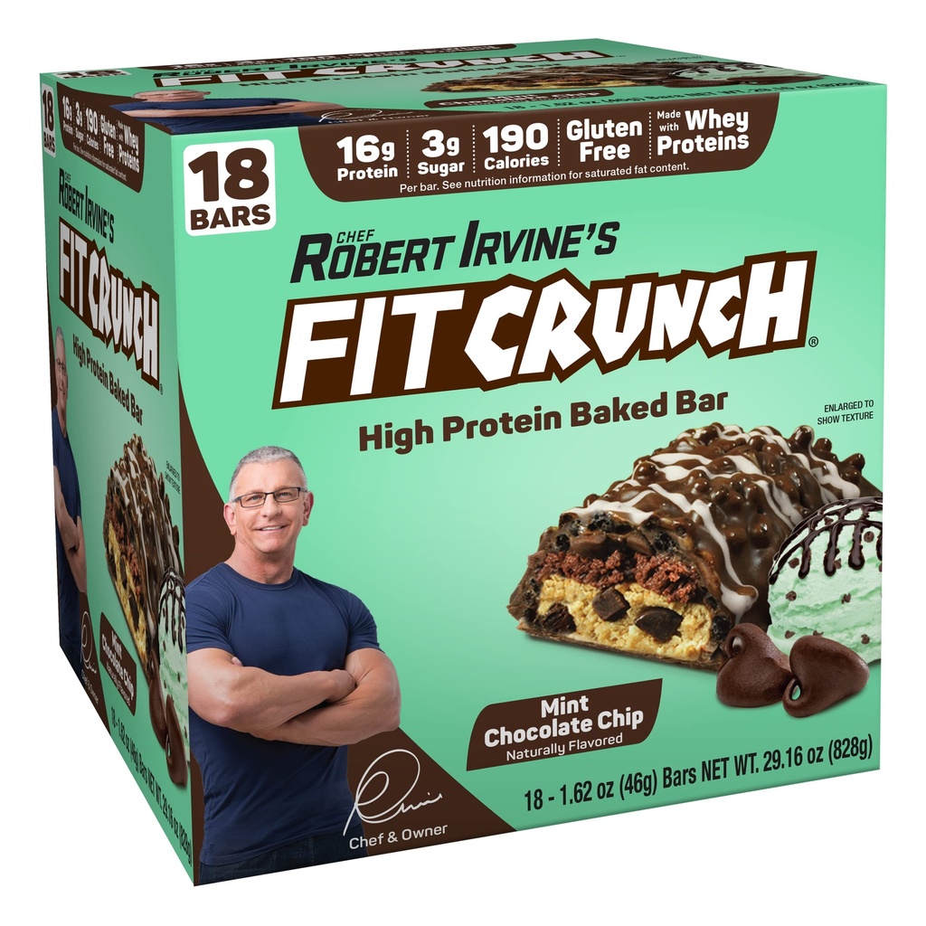 FITCRUNCH Snack Size Protein Bars, World’s Only 6-Layer Baked Bar, 3g of Sugar & Soft Cake Core (18 Bars, Mint Chocolate Chip)