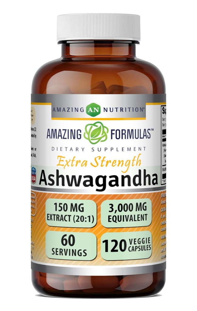 Amazing Formulas Ashwagandha Extract 150 Mg | Standardized 20:1 Extract | 120 Veggie Capsules | 3000 Mg Equivalent Supplement | Non-GMO | Gluten-Free | Made in the USA